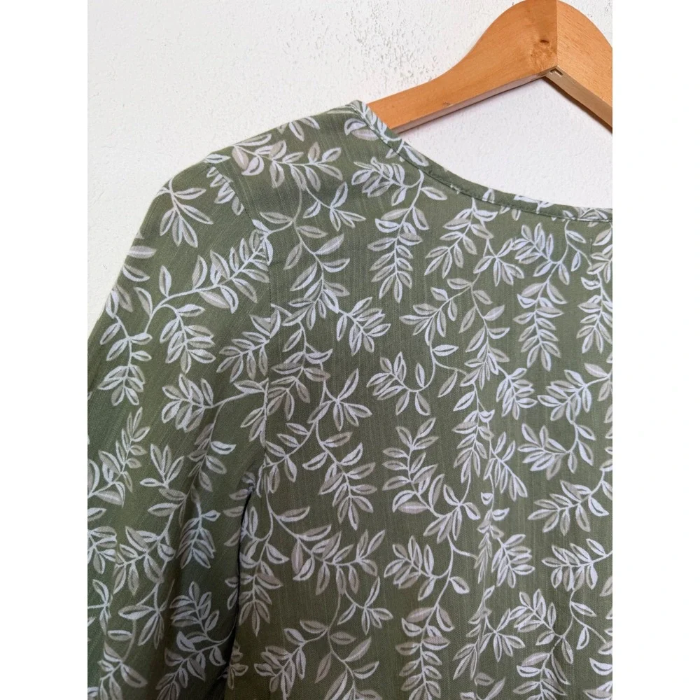Old Navy Girls Boho Olive Green‎ Floral Leaf Tiered Blouse Tie Neck Top 10-12